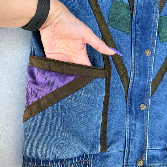 Vintage 80s 90s Current Seen Patchwork Floral Tapestry Blue Denim Jean Jacket - Picture 8 of 15